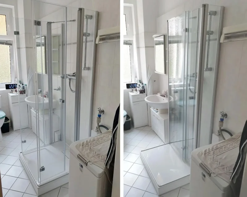 Zwei Bilder einer bodennahen Dusche mit Faltpendeltür aus Glas