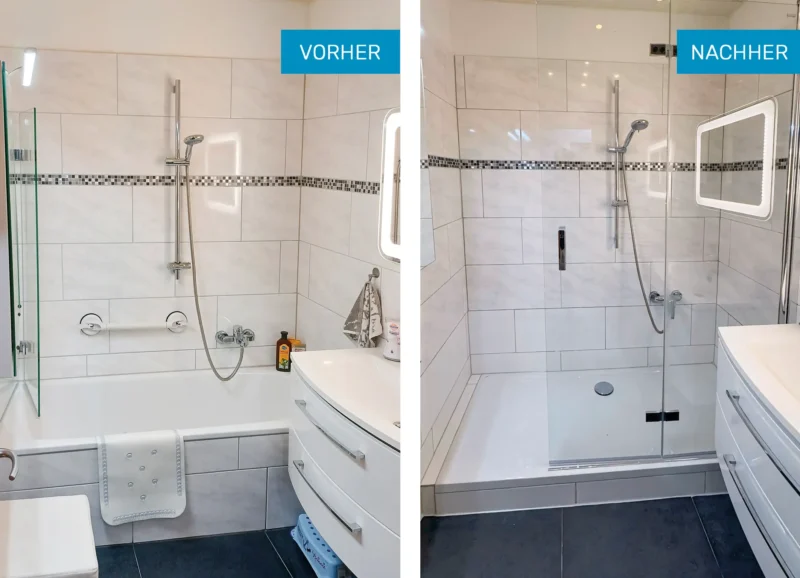 Vorher nachher von Badewanne zu bodennaher Dusche